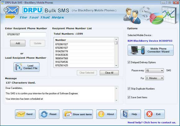 Screenshot of Free Bulk SMS Software For BlackBerry