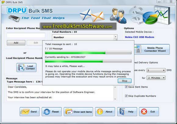 Screenshot of Online SMS Message