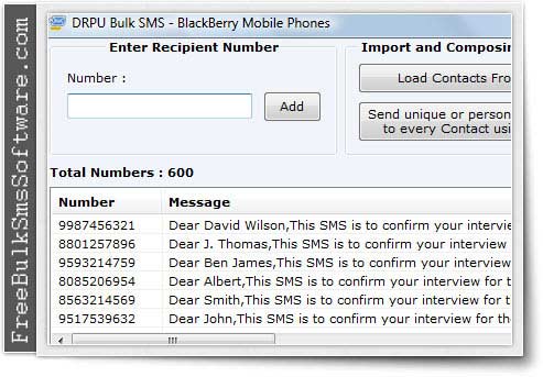 Screenshot of BlackBerry SMS Software