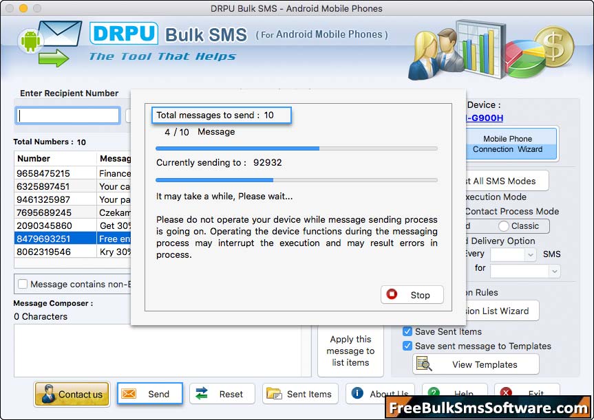 SMS sending process is going on
