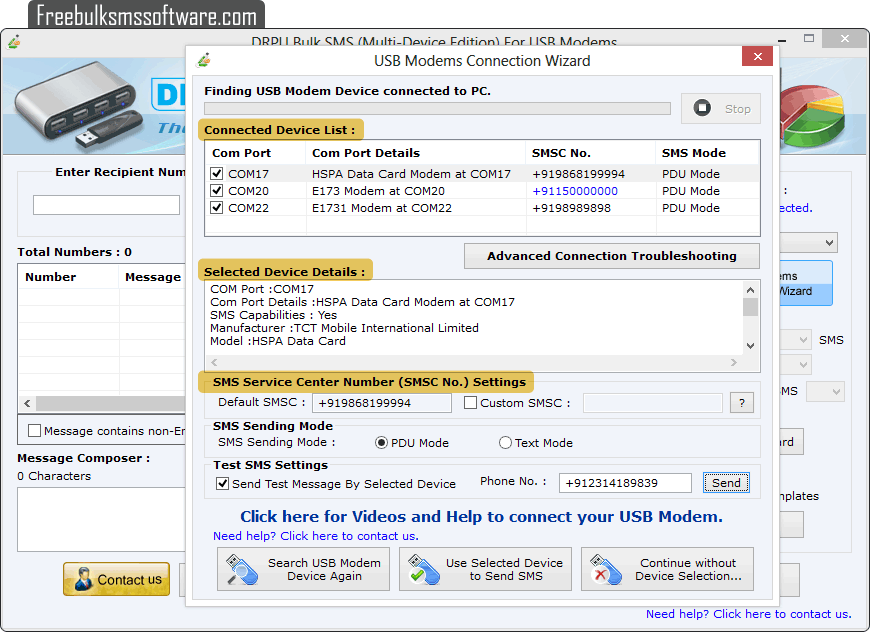 USB Modem Bulk SMS Gateway Software 3G GSM Modems sending free SMS Text