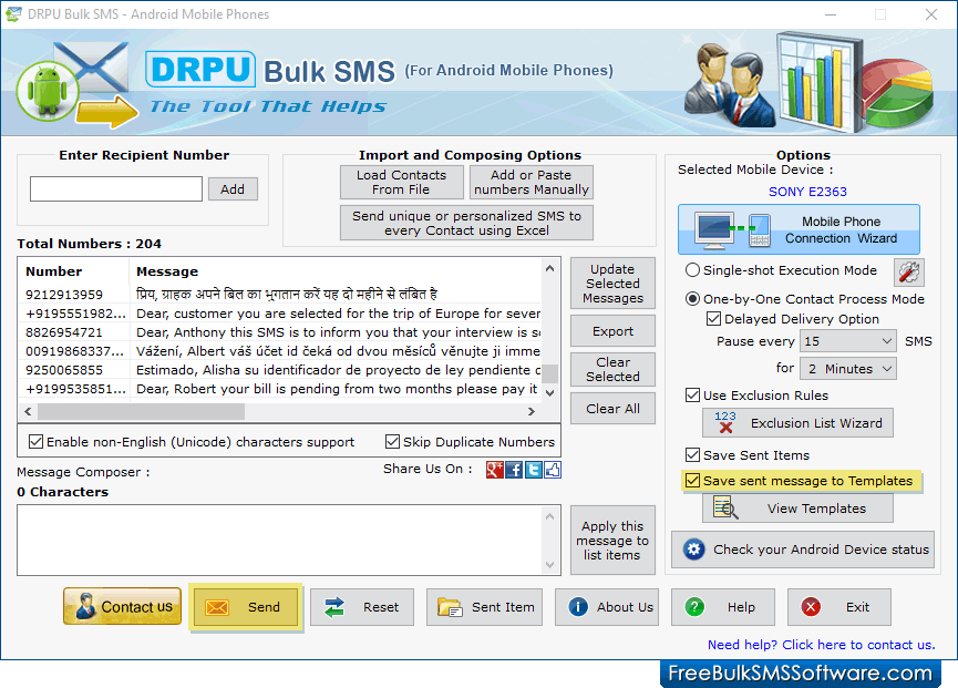 Bulk SMS Software for Android Mobile Phone Screenshot