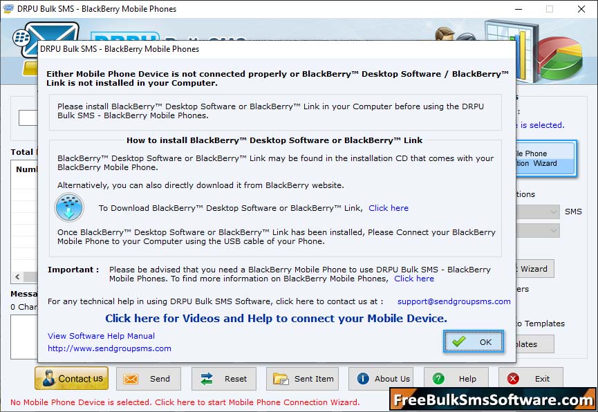 Bulk SMS Software for BlackBerry Mobile Phones Screenshot