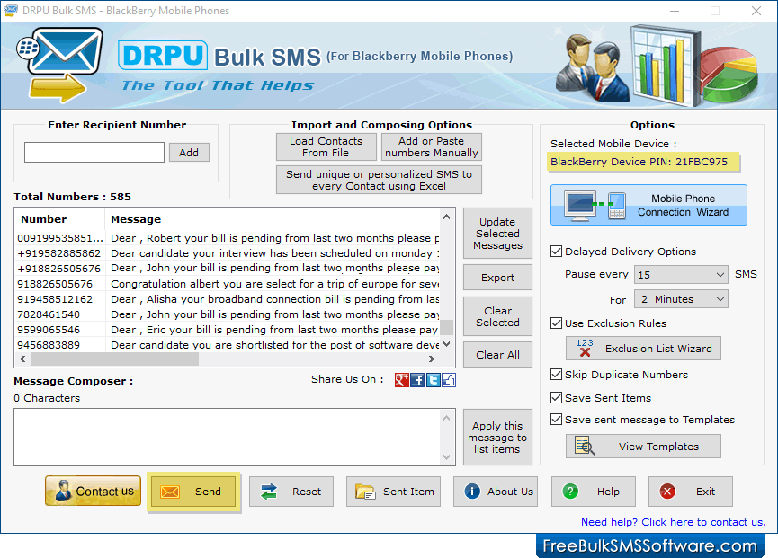 Bulk SMS Software for BlackBerry Mobile Phones Screenshot