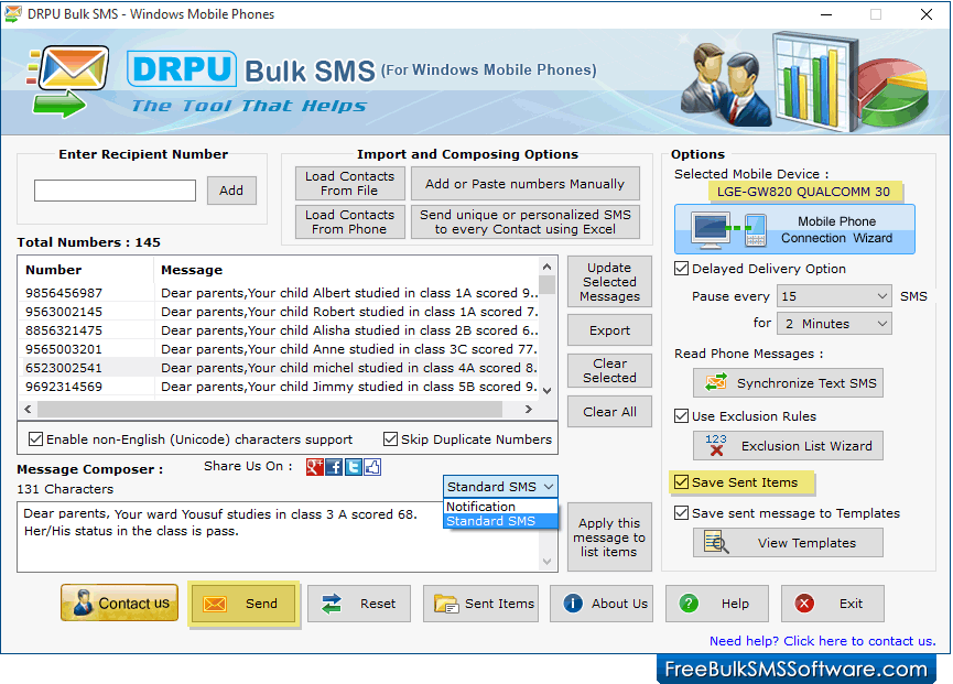 Bulk SMS Software for Windows mobile phones Screenshot